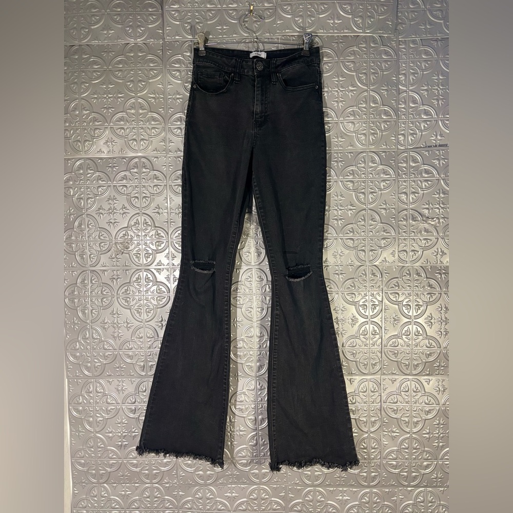 YMI JEANS black flare leg bell bottoms jeans denim raw hem country western rodeo